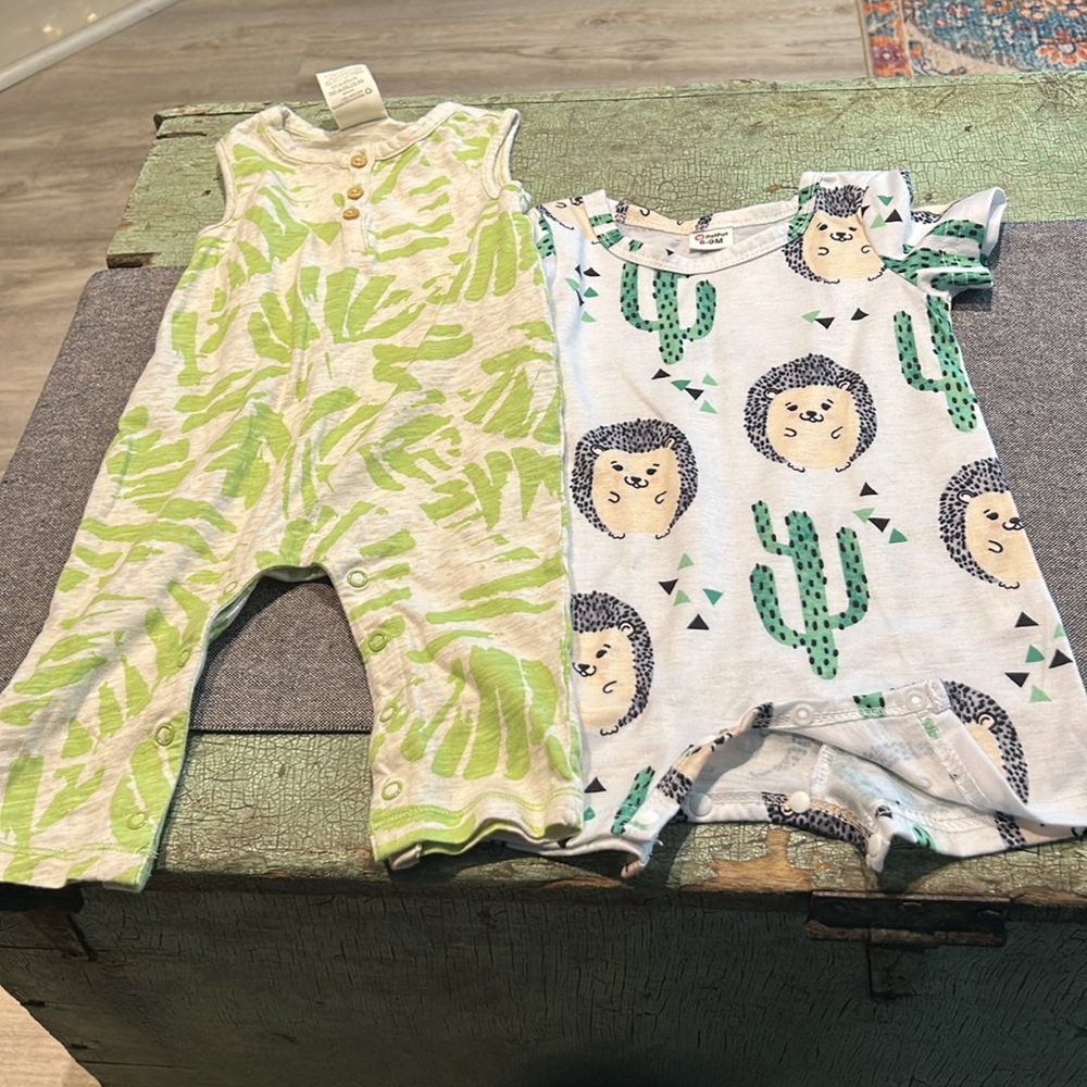 Gender Neutral 3-6 month one piece rompers - hedgehog shorts, Palm Long Pants